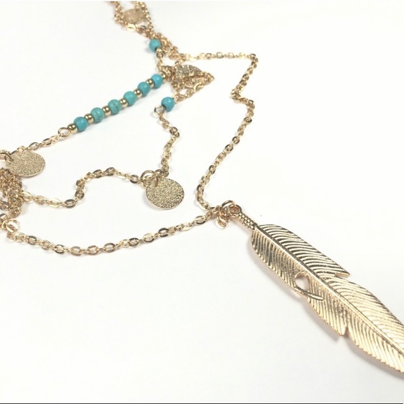 3 Layer Boho Feather Necklace Gold Tone - Picture 5 of 5